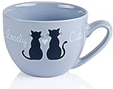 Tasse groß Porzellan 600 ml Jumbotasse bunt XXL Jumbobecher Suppentasse Kaffeebecher Kaffeetasse Lovely Cats Katzen Tasse Blau Grau im Geschenkkarton