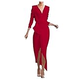 Briskorry Damen V-Ausschnitt Cocktailkleid mit Seiten Schlitz Einfarbig Mittelhohe Langärmeliges Volant Kleid mit unregelmäßigem Saum Partykleid Freizeit Kleid