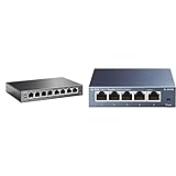 TP-Link TL-SG108PE 8-Port Gigabit/Netzwerk Easy-Smart-Switch (4 PoE-Ports, bis 2000 MBit/s, 16Gbit/s Switching-Kapazität) & TL-SG105 5-Port Gigabit Netzwerk Switch blau metallic