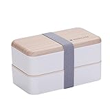 Lihuzmd Brotdose, Bento-Lunchbox Bento Box Lebensmittelbehälter japanischer Stil 2-Fach hermetisch mit wiederverwendbarem Besteck für Erwachsene/Kinder,Weiß,18.5x10.5x10cm