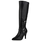 VAN HILL Klassische Stiefel Damen Boots Leder-Optik High Heels Schnallen 611520 Schwarz 39