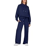 Fitness-Set für Damen, einfarbig, Frühling, Herbst, Trainingsanzug für Damen, modisch, langärmelig, sportlich, zweiteilig, Trainingsanzug für Damen und Freizeithose für Zuhause, Marine, 50