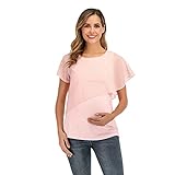 Damen Umstands-T-Shirt mit unregelmäßigem Saum, lässig, kurzärmelig, Rundhalsausschnitt, Basic, Still-T-Shirt, Top, Stillshirt zum Stillen (Rosa, L)