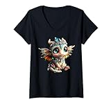 Damen Fantasy-süßes Drachen-Babyglas T-Shirt mit V-Ausschnitt