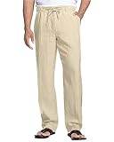 NANAMEEI Herren Leinenhose mit Kordelzug Leicht Sommerhose Freizeithose Einfarbig Hose Lang Männer Strandhose Khaki L