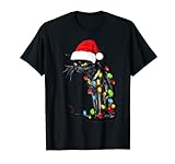 Schwarze Katze Weihnachten Lustiger Katzen-Weihnachtslichter T-Shirt