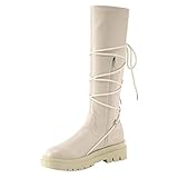 Weiße Lange Stiefel für Damen, mittelhoher Stiefel, Bequeme runde Zehen, einfarbige Schuhe, Dicker Boden, warme Schnürstiefeletten, Herbst- und Winter-Modeschuh, Flacher, mit Fell gefütterter S