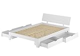 Erst-Holz® Weißes Bett 140x200 Kiefer massiv mit 3-teiligem Schubladenset Zubehör wählbar V-60.54S8-14W, Ausstattung:Rollrost inkl.