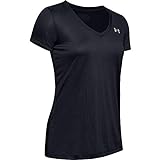 Under Armour Damen Tech Short Sleeve V - Solid, kurzärmliges Trainingsshirt, Schwarz (Black/Metallic Silver), XL