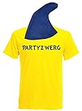 aprom Zwergen T-Shirt Kostüm mit Mütze div. Motive zur Auswahl - Fasching JGA Sheriff Gruppenkostüm Karneval Zwerg (L, Gelb - Partyzwerg)