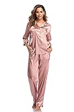 SHEKINI Damen Klassische Zweiteiliger Schlafanzug mit Hose mit Gummibund am Einfarbige Nachthemd Satin Nachtwäsche Knöpfen Pyjama Sleepwear(Stil 3 Pyjamas Set-Rosa,L)