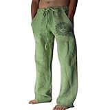 Puimentiua Leinenhose Herren,Lang Leichte Sommerhose,Loose Fit Freizeithose,Baumwollehosen mit Tunnelzug und Taschen (Grün,L)
