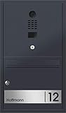 Frabox Unterputz-Briefkasten mit DoorBird-Video-Sprechanlage & Klingel RAL 7016 anthrazit-grau mit Namensschild Hausnummerschild aus Edelstahl OLEV