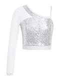 CHICTRY Glitzer Shirt Mädchen Pailletten Oberteil Mit EIN Ärmel Mesh Patchwork Tanz Top T-Shirt Bauchfrei Unterhemd Party Bühnenauftritt Performance Silber 134-140