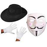 Anonymous Kostümzubehör-Set – Schwarzer Trilby-Hut + Schutzmaske + weiße Handschuhe – 3-teiliges Schutzkostüm-Zubehör (Einheitsgröße)