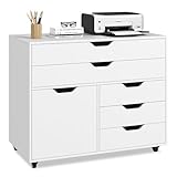 COSTWAY Rollcontainer mit 5 Schubladen, mobiler Aktenschrank mit Tür, Arbeitsplatte & Rollen, Rollwagen Schubladenschrank modern für Büro Wohnzimmer, 79 x 39 x 65
