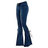 NHNKB Damenhose mit Taschen, lockere Passform, mittlere Taille, Denim-Hose, Stretch-Jeans, ausgestellte Hose, Größe 42, blau, S