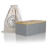 LARS NYSØM Brotkasten I Brotbox aus Metall mit Brotsack aus Leinen für langanhaltende Frische I Brotdose mit hochwertigem Bambusdeckel verwendbar als Schneidebrett I 34x18.5x13.5cm (Grau)