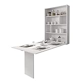 Mirjan24 Wandtisch Albi, Wandklapptisch mit 2 Regalen, V-Tisch, Esstisch, Tisch ideal für Esszimmer, Küche, Klapptisch, Bartisch (Weiß)