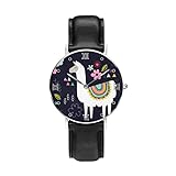 Weiße Lama-Blumen personalisierte individuelle Uhr lässige schwarze Lederarmband Armbanduhr für Männer Frauen Unisex Uhren, Schwarz