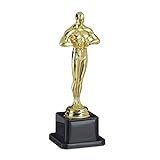 Relaxdays Unisex Jugend, Gold Siegerfigur, quadratischer Sockel, Figur mit Kranz, Siegertrophäe, Hollywood, Geschenkidee, 18 cm groß, 1 Stück