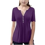 Mädchen Sommer Tunika Tshirt Baumwolle Elegant T-Shirts Sexy V-Ausschnitt Bluse Tops Leicht Einfarbig Oberteile Lässig Plissiert Kurzarm Sommershirts Mode Bequemes Longshirt fü