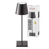 SIGOR Nuindie - Dimmbare LED Akku-Tischlampe Indoor & Outdoor, IP54 spritzwassergeschützt, Höhe 38 cm, aufladbar mit Easy Connect, 12 h Leuchtdauer, nachtschwarz