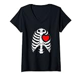 Damen Gruseliges Herz-Skelett Rippenkäfig, lustig, Halloween, Vintage T-Shirt mit V-Ausschnitt