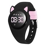 Bigmeda Kinder Armbanduhr Wasserdicht Digitaluhr Vibrationswecker Schritt- und Kilometerzähler, Schlafüberwachung Geeignet im Alter von etwa 10 Jahren (Schwarz Rosa)