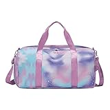 Kinder Sporttasche Mädchen Damen Mittelgroß wasserdichte Reisetasche Tanz Gymnastik Tasche mit Schuhfach Nasser Tasche Schultergurt Regenbogen Overnight Weekender Reisetasche, Lila Blau Galaxie