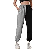 HAPYWER Jogginghose Damen Baumwolle Lang Freizeithosen High Waist Lässige Loose Sweathose mit Taschen Trainingshose Übergröße Sporthose Zweifarbig Sommerhose Casual Mode（Hellgrau，S）