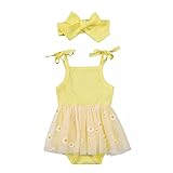 SANWOOD Baby Girl Kleidung Set, Strampler einfarbig Schleife Knoten Stirnband Mesh Stitching Strampler Outfits Set Yellow 18 Months