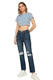 Trendyol Women's Zerrissene detaillierte hohe Taille-Bootcut Jeans, Blue, 38