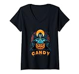 Damen Totenkopf-Monster mit magischem Kürbis Wünsche, Halloween-Süßigkeit T-Shirt mit V-Ausschnitt