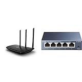TP-Link TL-WR940N N450 WLAN Router (450 Mbit/s (2,4 GHz), WPS, Print/ Media/ FTP Server) schwarz & TL-SG105 5-Port Gigabit Netzwerk Switch (bis 2000 MBit/s, 10/100/1000Mbp) blau metallic