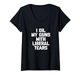 Damen I Oil My Gun With Liberal Tears T-Shirt lustige Waffenbesitzer T-Shirt mit V-Ausschnitt
