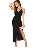 SOLY HUX Damen Ärmellos Partykleid Elegant Sommerkleid Spaghettiträger Maxikleid V-Ausschnitt Cami Kleider mit Schlitz Schwarz S