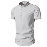 Sommer Solide Stehkragen Männer Casual Shirt Kurzarm Hemd Männer Pullover Hemd Männer Kleidung Weißes Hemd Ohne Kragen Herren (Grey, XL)