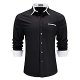 HISDERN Herren Businesshemd Freizeithemden Schwarz Hemd Klassisch Baumwolle Langarm Doppelkragen Hemden Für Männer Regular Fit XL