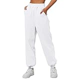 Damen Mädchen Fleece-Sweathose eng anliegend Herbst Winter elastische Taille locker Y2K Jogginghose mit Taschen, weiß, M