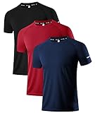 Holure Herren 3er Pack Sports Atmungsaktiv Schnelltrocknend Kurzarm T-Shirts Schwarz/Dunkelblau/Rot L