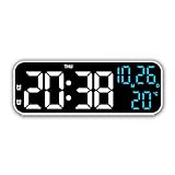 Digitale LED-Wanduhr, 3-stufig einstellbare Helligkeit mit Temperatur, Uhrzeit, Datumsanzeige, 2 Alarme, 12/24-Stunden-Countdown-Funktion, Sprachsteuerung, digitaler Wecker weißes blaues Licht