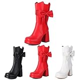 MEECHI Damen Plateau Stiefeletten Elegante Ankle Boots Mit Schleifen PU-Leder Kurz Stiefel Mit Blockabsatz Square Toe Knöchel Schuhe Mit Reißverschluss 9.5cm High Heels(Red,38 EU)