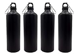 BURI 4X Alu Trinkflasche 1Liter schwarz matt mit Karabiner Wasserflasche Sportflasche
