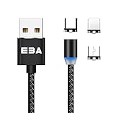 EBA Magnetisches Ladekabel 360 Degree ladekabel Geflochtenes USB Rotate Magnetic Charging Cable 2.4 A - für Android/Micro USB/Type C (Nur Aufladen) (Schwarz)