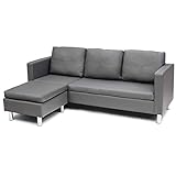 COSTWAY 3 Sitzer Sofa mit Ottomane, Ecksofa Kunstleder, Couchgarnitur, Schlafsofa, Sofagarnitur perfekt für Zuhause und Büro, grau, 188x60x60 cm