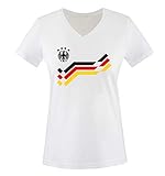 EM 2016 - Deutschland - Retro - Trikot - Damen V-Neck T-Shirt - Weiss/Schwarz Gr. M