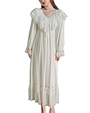 Damen Viktorianische Nachtwäsche Princess Schlafanzug mit Brustpolstern Langärmliger V-Ausschnitt Rüschenspitze Lässiges Lounge-Nachthemd Schlafhemdkleid Lounge Kleid Schlafkleid Weiß One Size