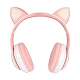 Kinderkopfhörer, Cat Ear Kopfhörer Faltbarer Over Ear Kopfhörer Bluetooth 5.0 Gaming Headset mit LED-Leuchte für Kinder Erwachsene Mädchen Jungen(Rosa Weiß)