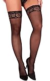 Frauen Damen Dessous Netz Strümpfe Stockings schwarz mit Spitzenrand Strapsstrümpfe transparent schwarz Feinstrümpfe S-M
